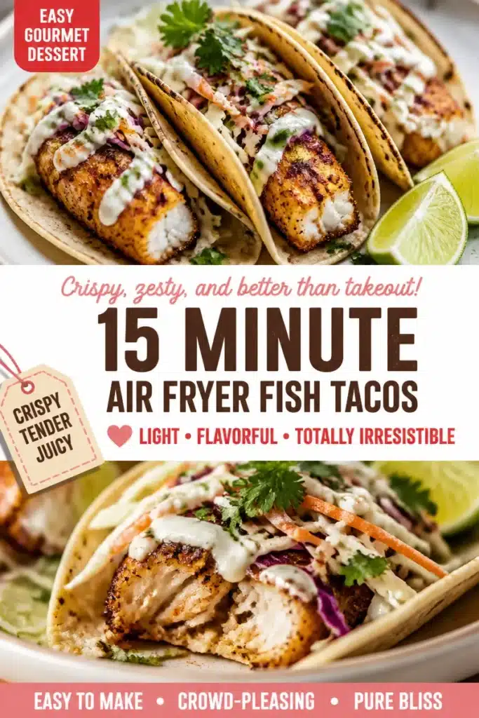 Crispy air fryer fish tacos topped with lime crema on a plate