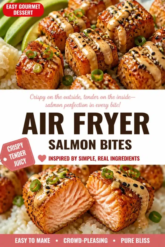 Crispy air fryer salmon bites served on a plate with dipping sauce