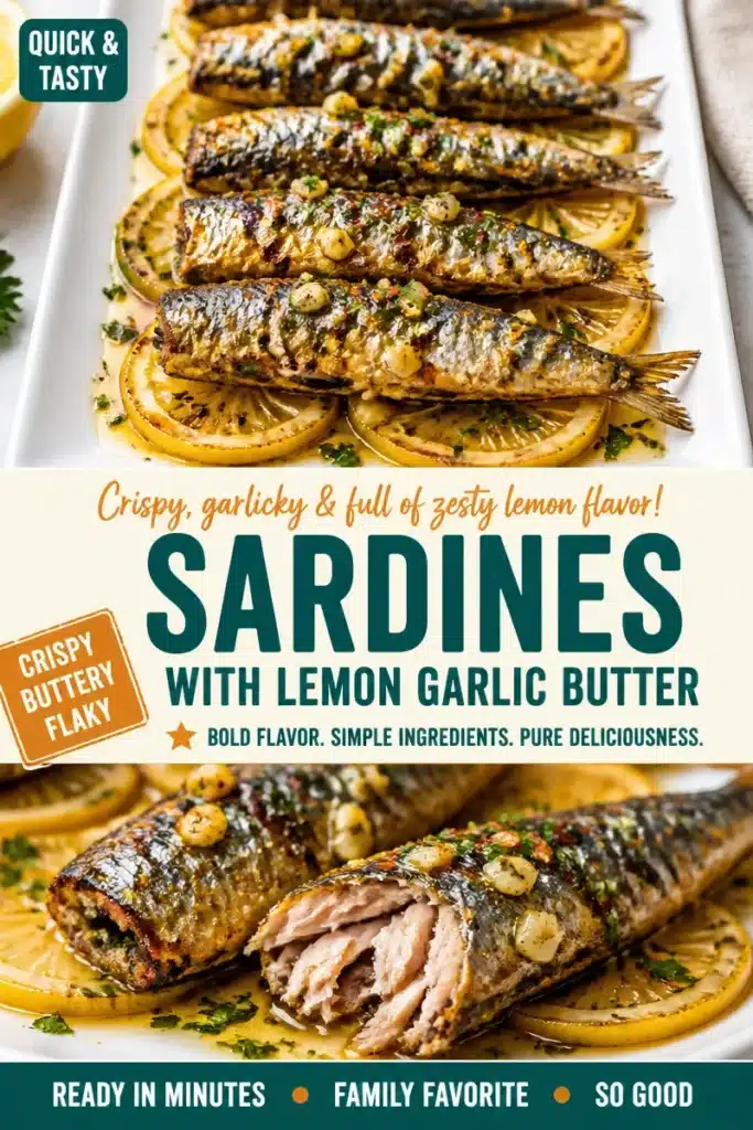 Crispy air fryer sardines with lemon garlic butter served on a plate.