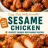 Plate of crispy chicken with sesame seeds garnished with fresh herbs