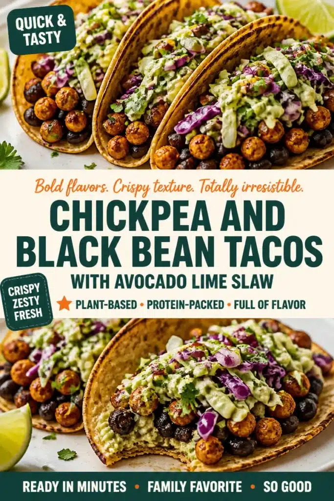 Crispy chickpea and black bean tacos topped with avocado-lime slaw