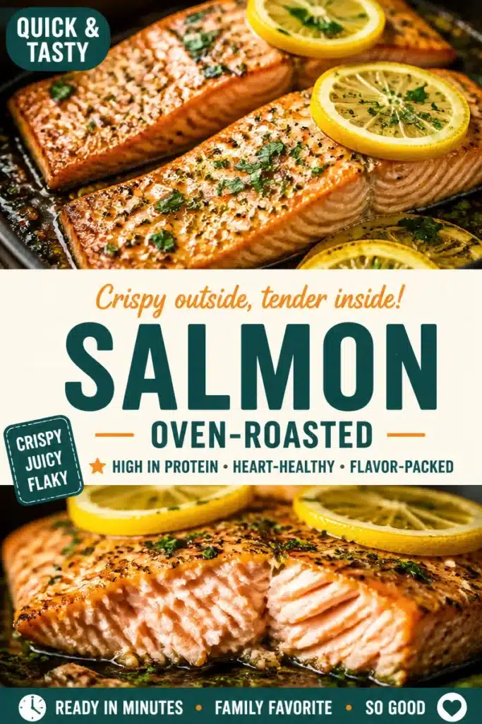 Crispy oven-roasted salmon served with lemon and herbs