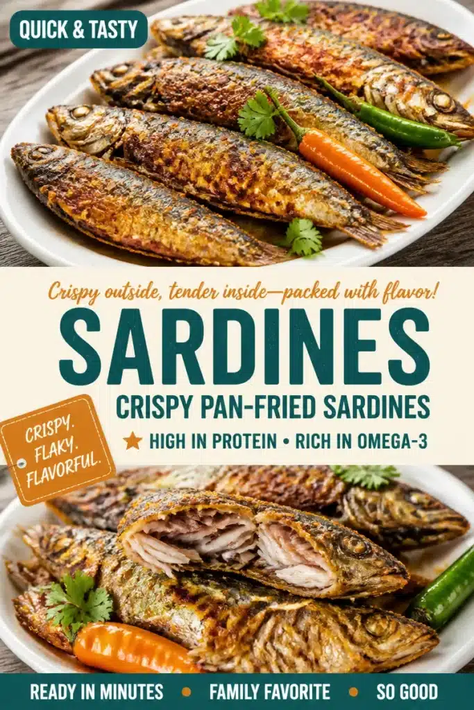 Crispy pan-fried sardines served on a plate with lemon and herbs