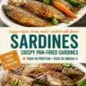 Crispy pan-fried sardines served on a plate with lemon and herbs