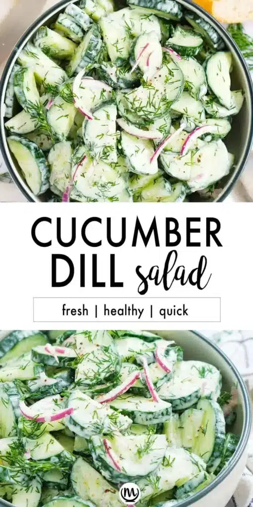 Cucumber and dill salad served in a bowl topped with herbs and spices