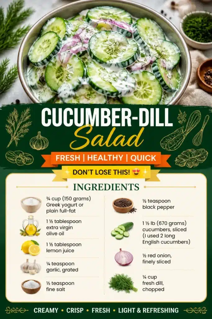 Fresh Cucumber-Dill Salad garnished with dill and served in a bowl