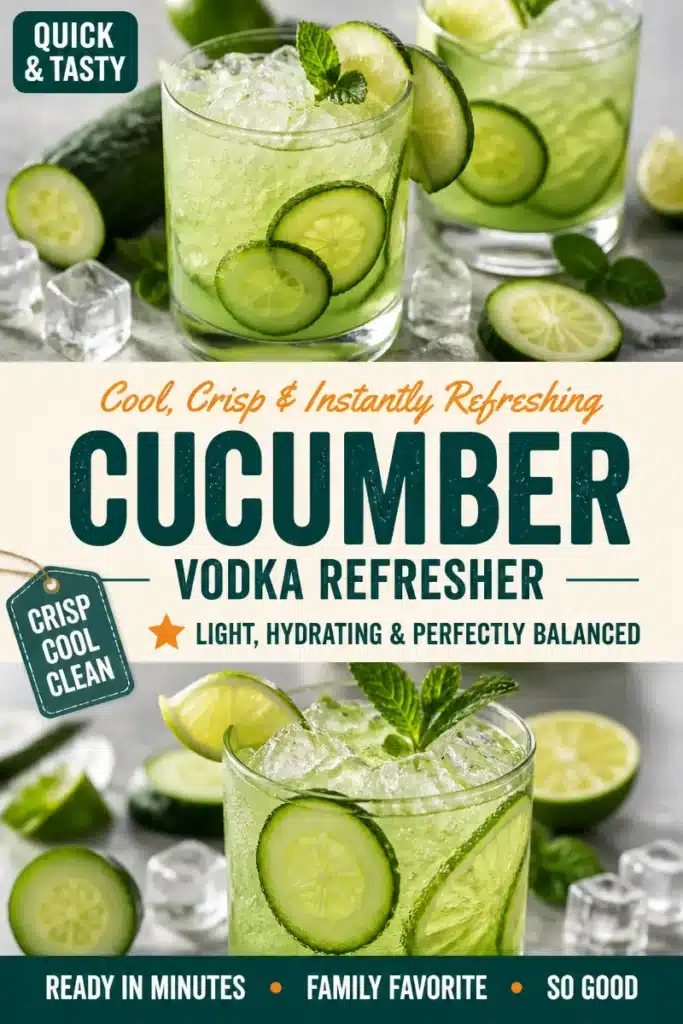 Chilled glass of cucumber-infused vodka garnished with cucumber slices.