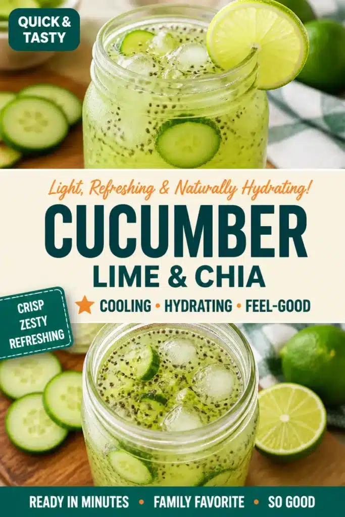 Cucumber Lime Chia Fresca drink served in a glass with fresh ingredients.