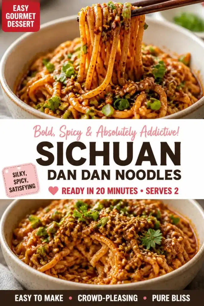 Bowl of Easy Sichuan Dan Dan Noodles garnished with green onions and peanuts