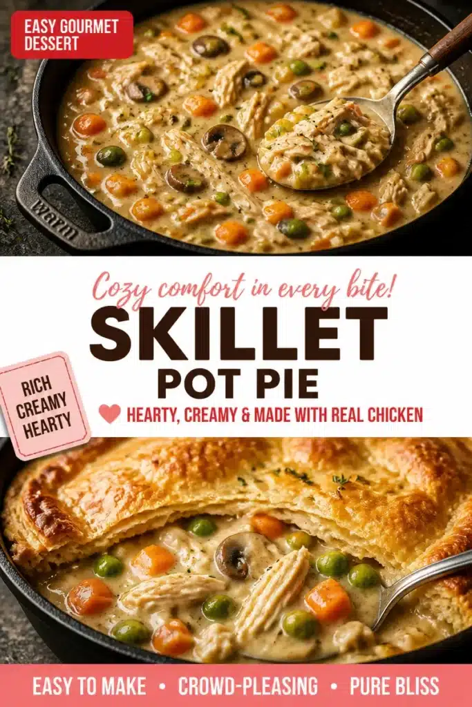 Easy skillet pot pie with vegetables and flaky crust in a skillet