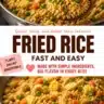 Plate of fast and easy fried rice garnished with vegetables and herbs.