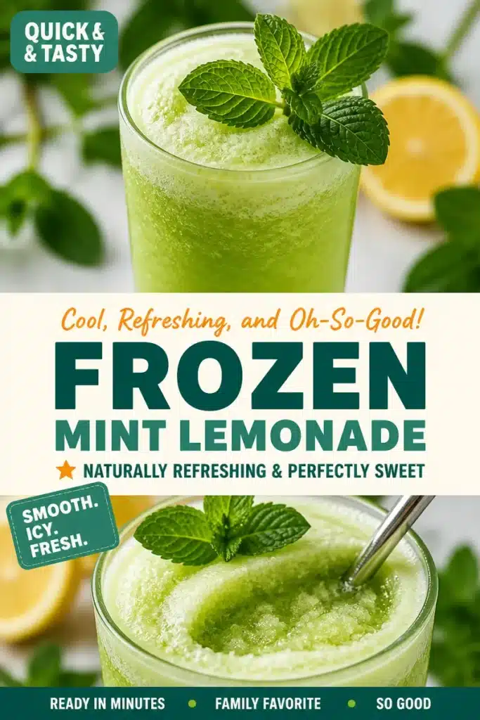 Delicious frozen mint lemonade in a glass with fresh mint leaves and lemon slices.