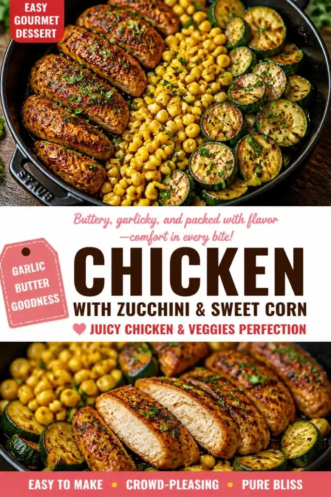 Delicious Garlic Butter Chicken served with zucchini and sweet corn on a plate.