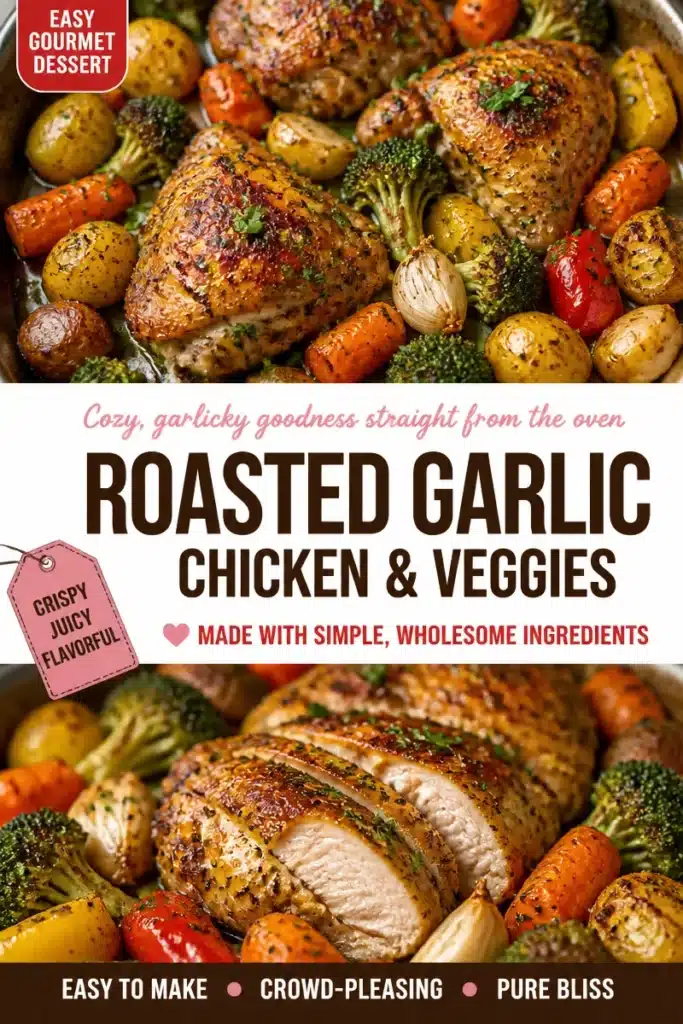 Delicious garlic-roasted chicken with fresh vegetables on a serving plate.