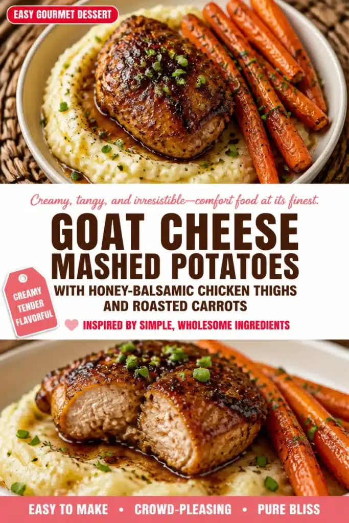 Creamy goat cheese mashed potatoes served with honey-balsamic chicken thighs and roasted carrots.