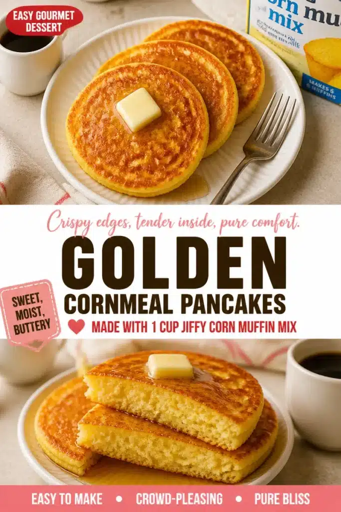 Golden cornmeal pancakes stacked with syrup and butter.