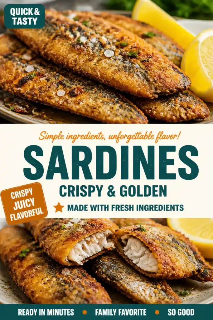 Golden crispy fried sardines served on a plate with lemon and herbs.