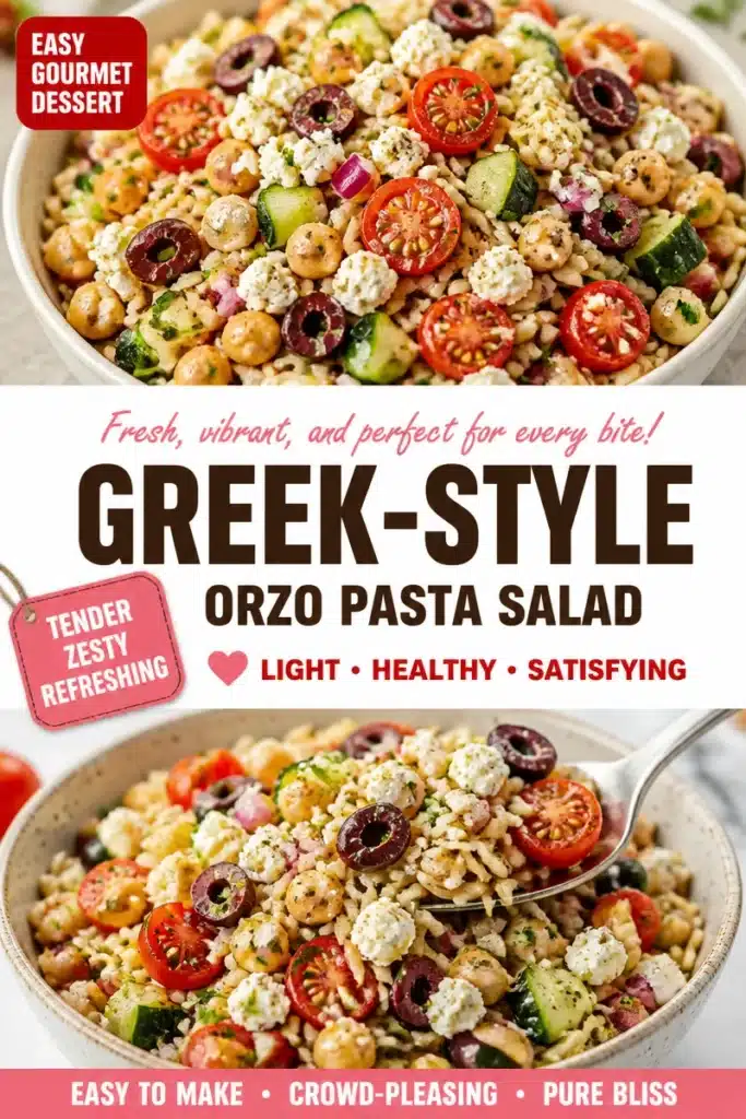 Greek-Style Orzo Pasta Salad with fresh vegetables and feta cheese