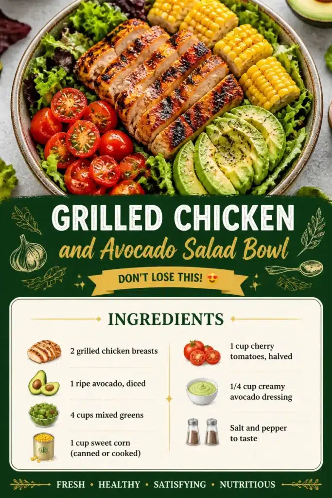 Grilled chicken and avocado salad bowl garnished with fresh vegetables