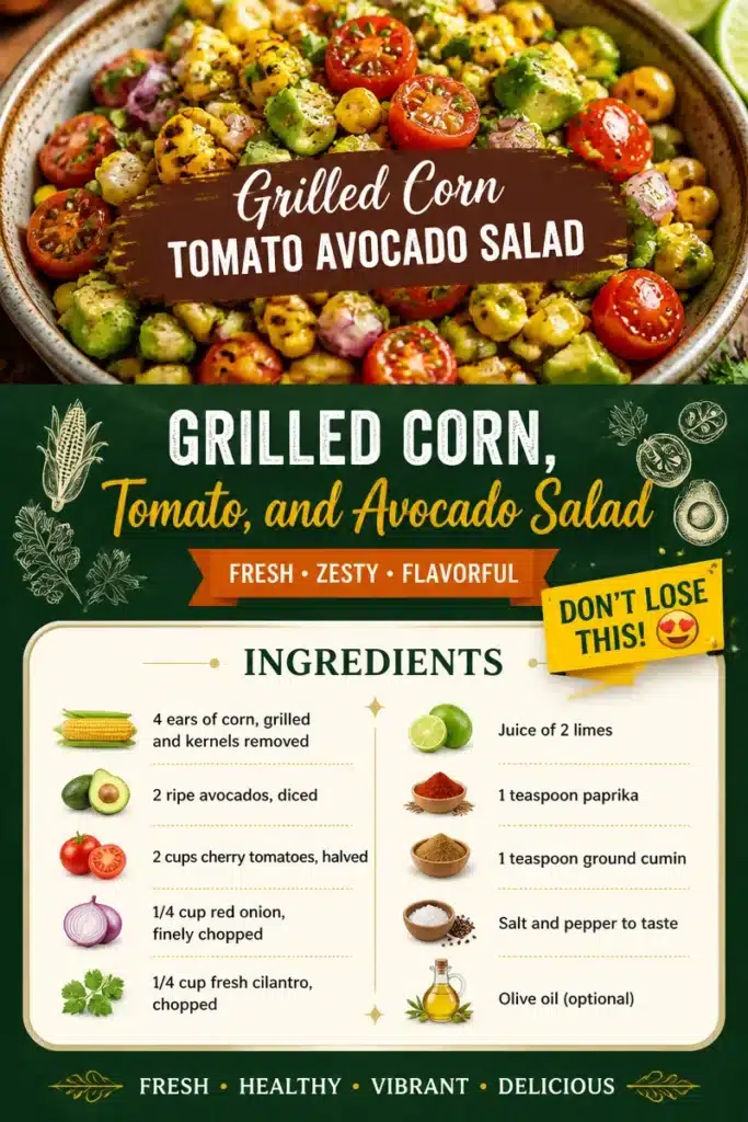 Grilled corn salad with tomato and avocado in a bowl