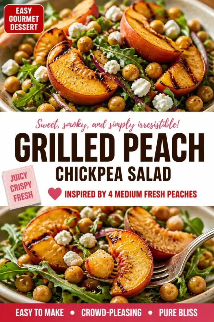 Grilled peach chickpea salad with colorful vegetables and herbs
