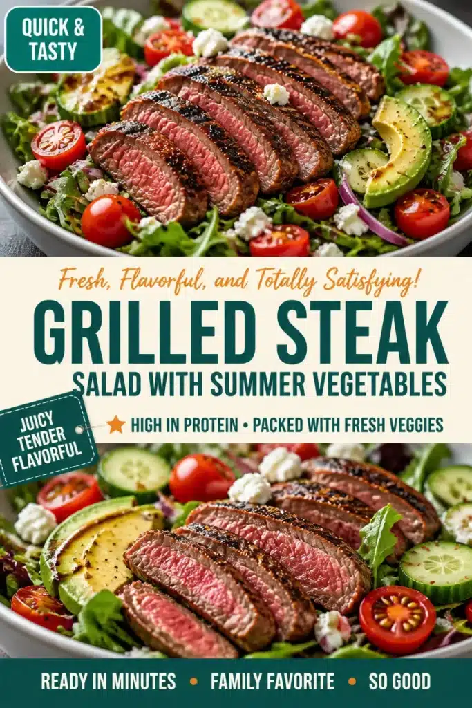 Delicious grilled steak salad topped with fresh summer vegetables.