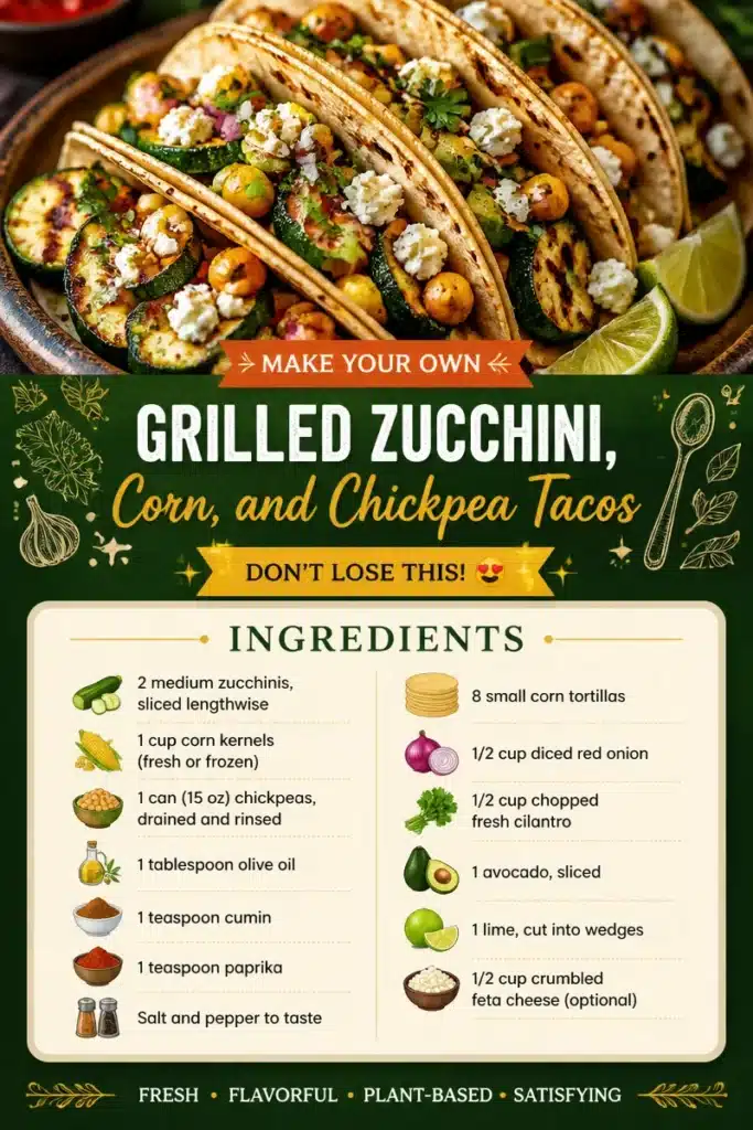 Grilled zucchini, corn, and chickpea tacos on a plate