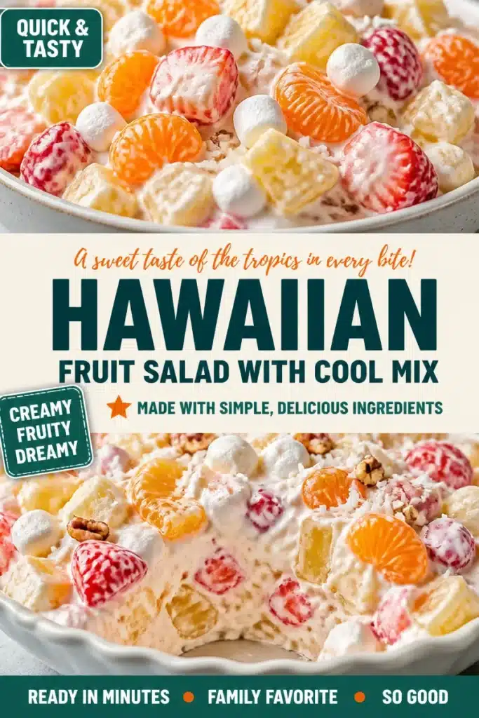 Hawaiian Fruit Salad topped with Cool Whip served in a bowl