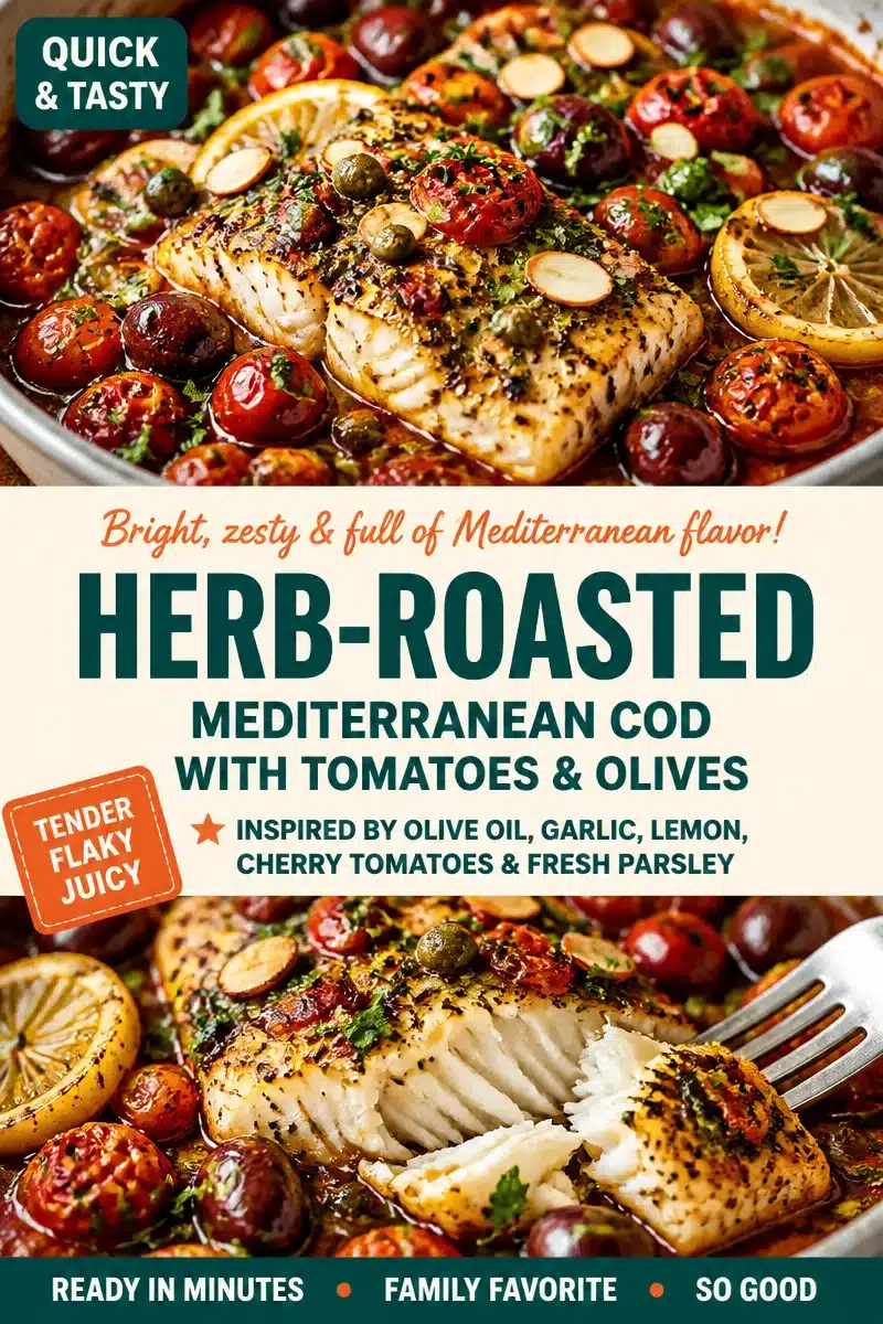 Herb-Roasted Mediterranean Cod with Tomatoes and Olives in a serving dish