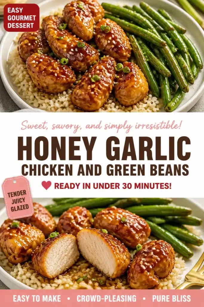 Plate of honey-glazed chicken with green beans garnished on a rustic table.