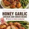 Plate of honey-glazed chicken with green beans garnished on a rustic table.