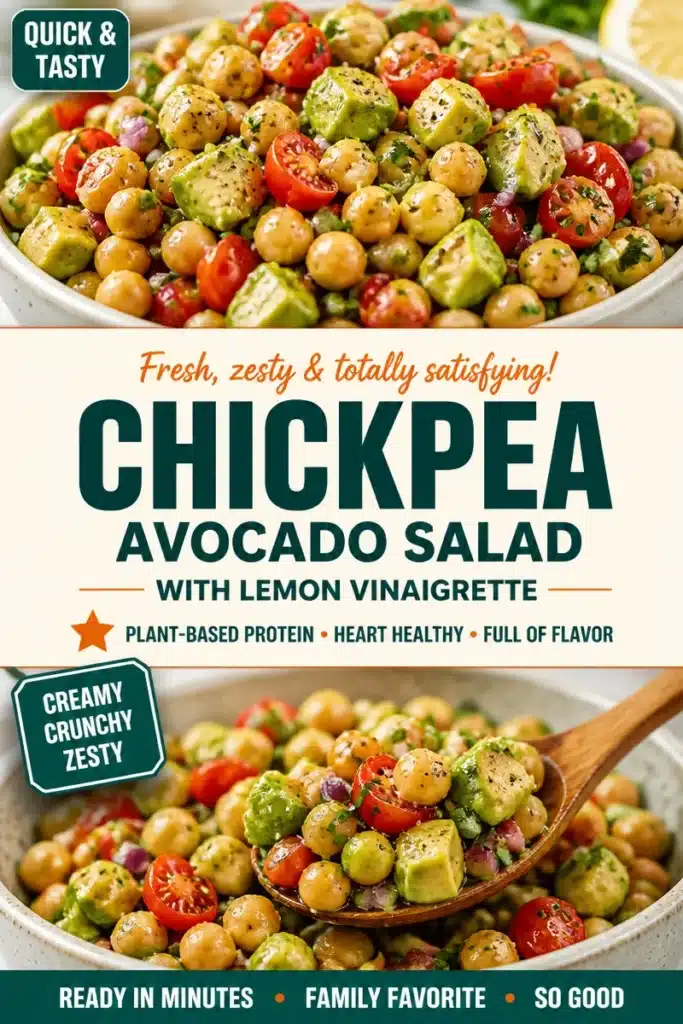 Lemon-Dressed Chickpea Avocado Salad with fresh ingredients and dressing