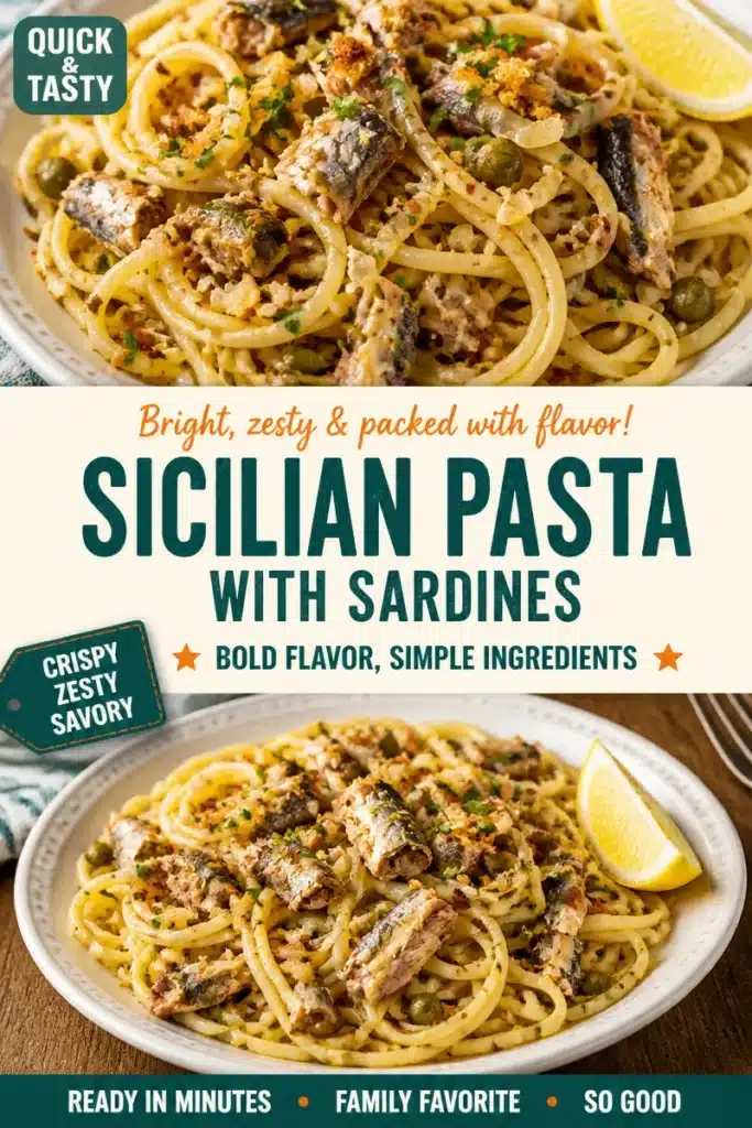 Lemon-garlic sardine pasta topped with crunchy breadcrumbs served in a bowl