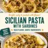 Lemon-garlic sardine pasta topped with crunchy breadcrumbs served in a bowl