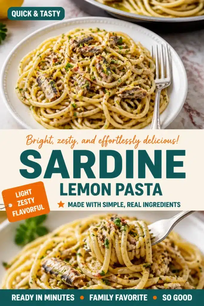 Plate of lemon-infused sardine pasta with fresh herbs and lemon slices
