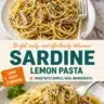 Plate of lemon-infused sardine pasta with fresh herbs and lemon slices