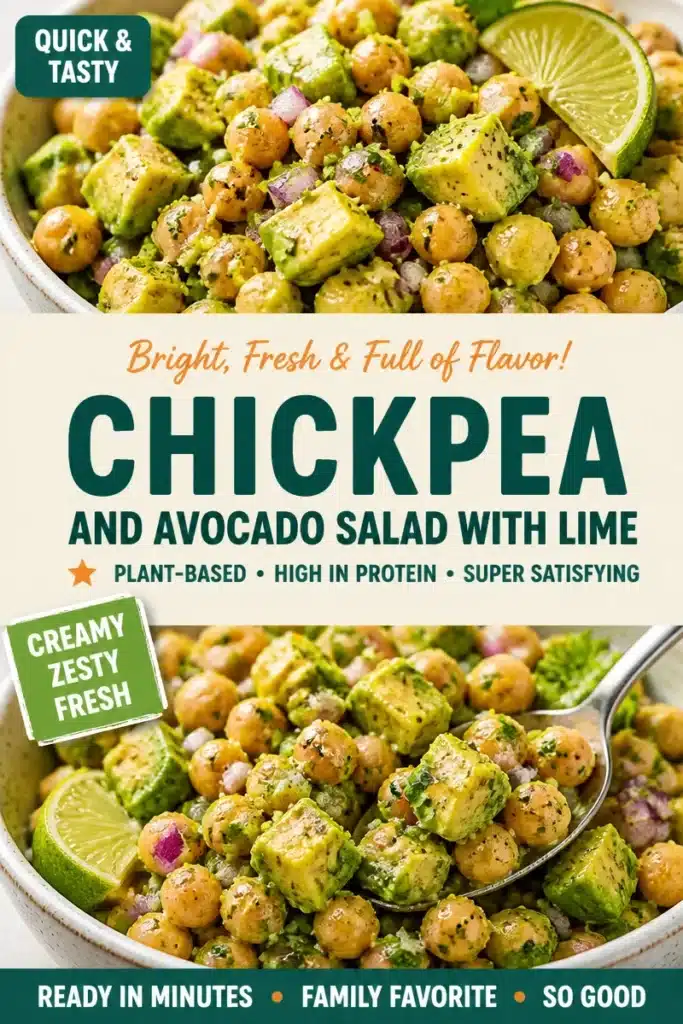 Lime-Infused Chickpea and Avocado Salad served in a bowl, garnished with fresh herbs.