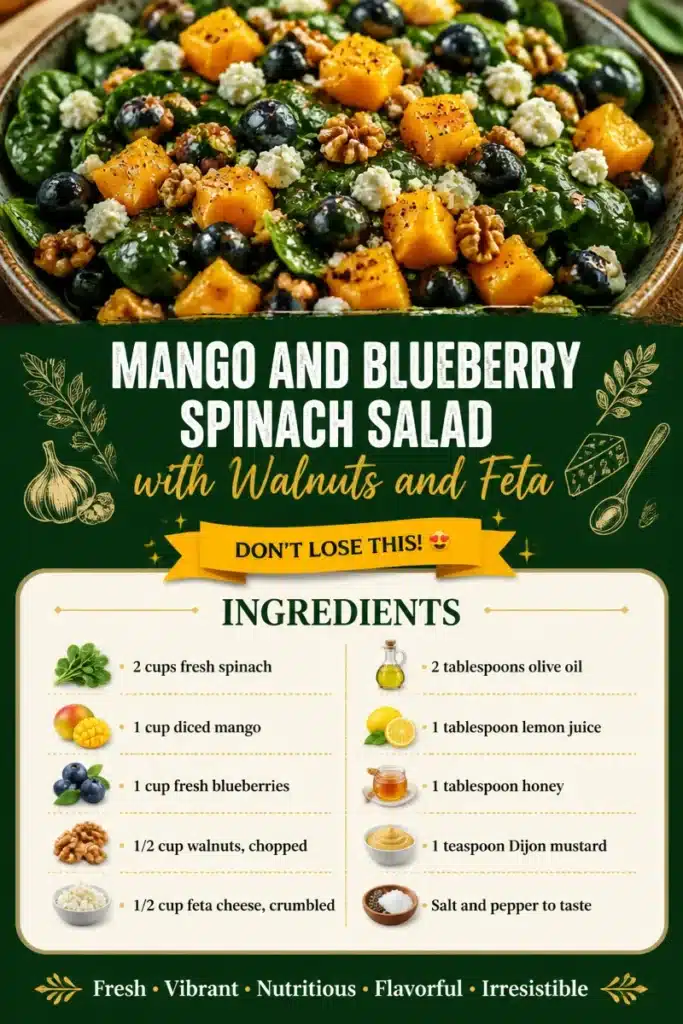 Mango and blueberry spinach salad with walnuts and feta cheese