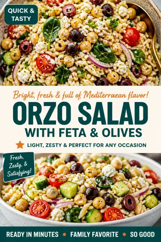 Mediterranean Orzo Salad with Feta and Olives served in a bowl
