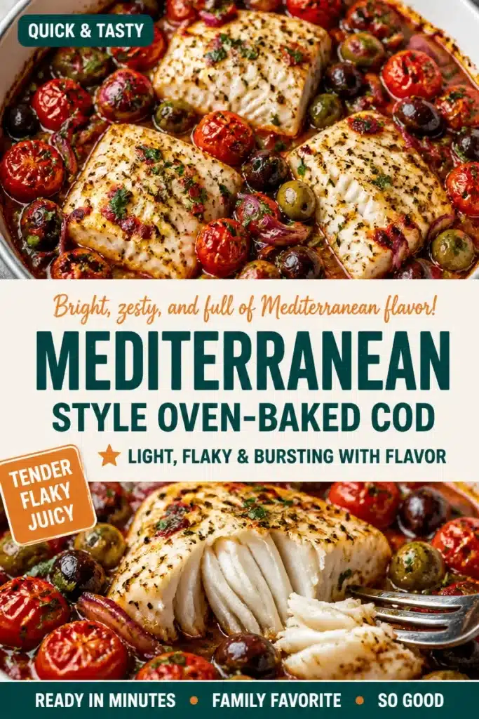 Mediterranean-style oven-baked cod with herbs and vegetables on a plate
