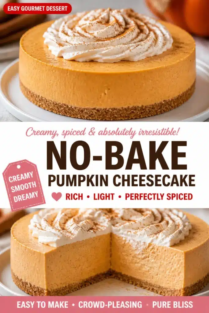 No bake pumpkin cheesecake topped with whipped cream and pumpkin spice