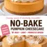No bake pumpkin cheesecake topped with whipped cream and pumpkin spice