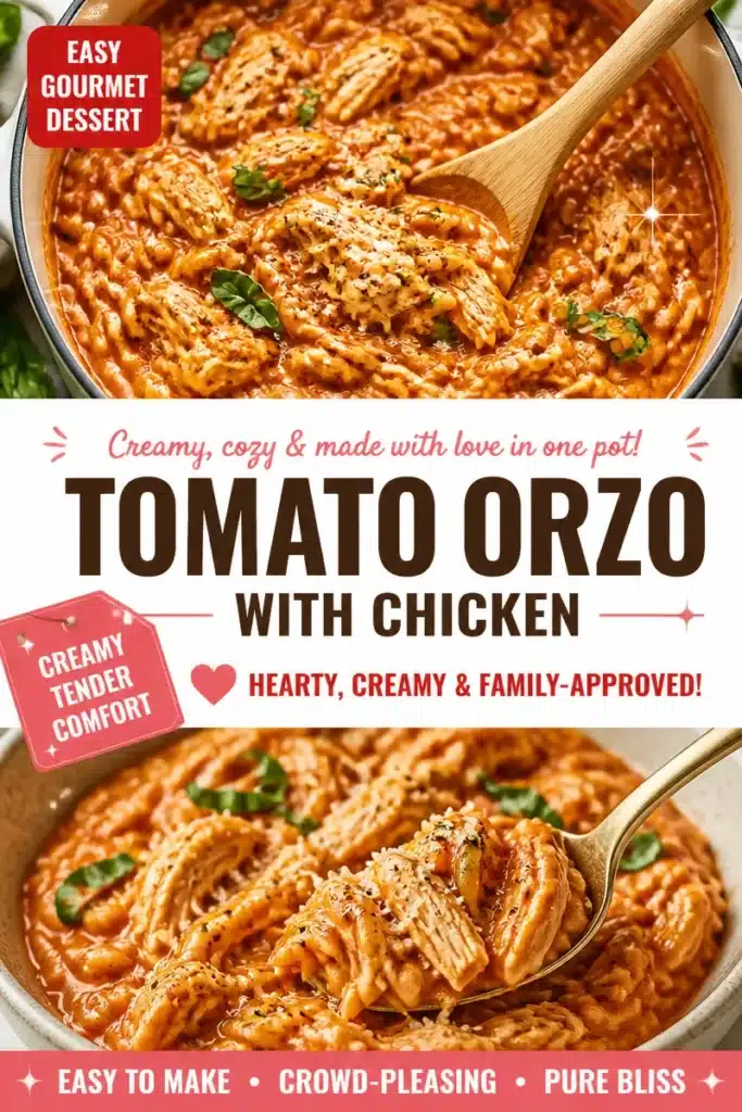 One-Pot Creamy Tomato Chicken served with Orzo pasta in a bowl