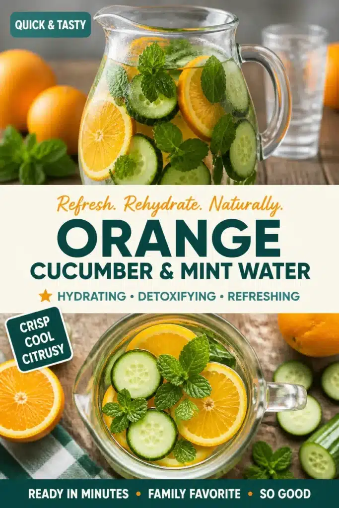 Orange cucumber mint water infusion in a clear glass with fresh ingredients