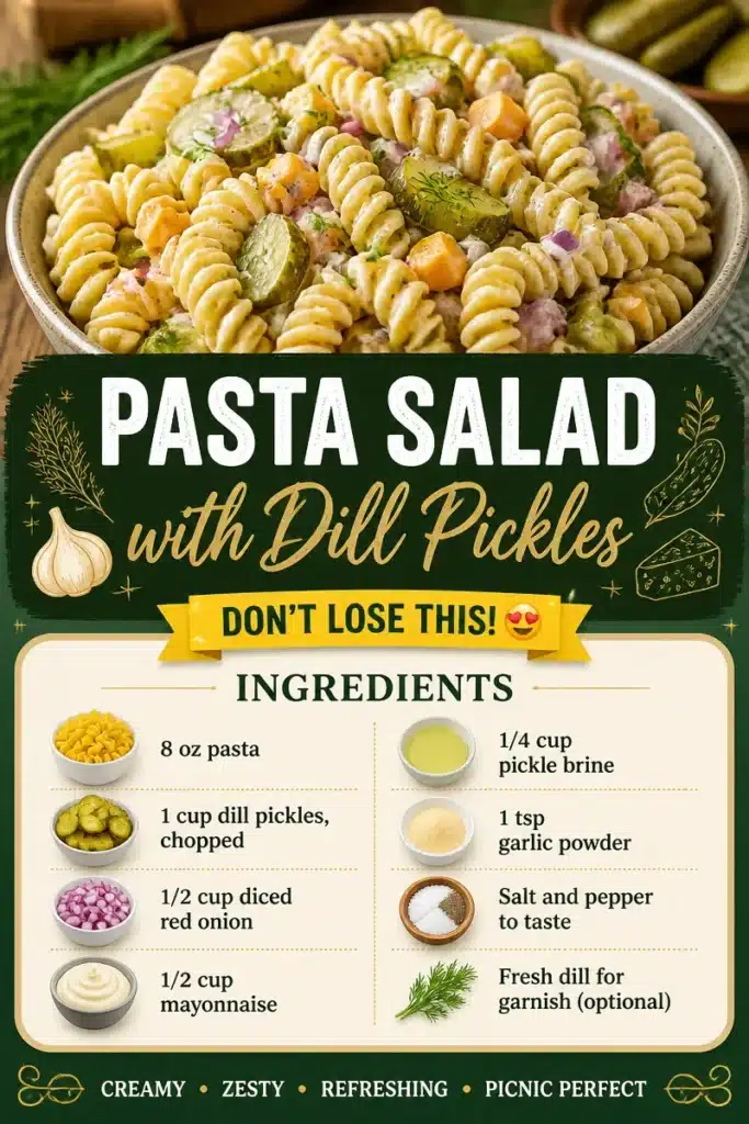 Pasta salad with dill pickles and colorful vegetables in a bowl