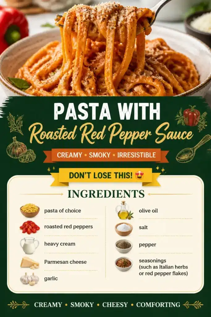 Pasta served with creamy roasted red pepper sauce on a plate.