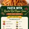 Pasta served with creamy roasted red pepper sauce on a plate.