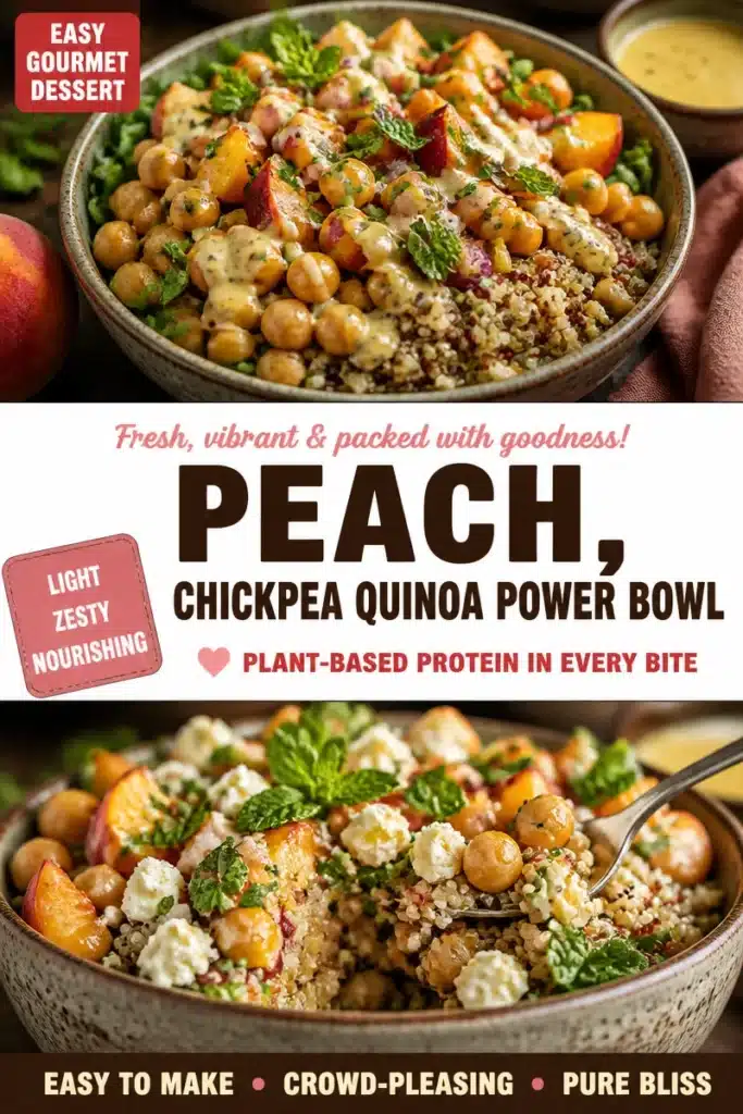 Peach, Chickpea, and Quinoa Power Bowl garnished with fresh herbs and avocado