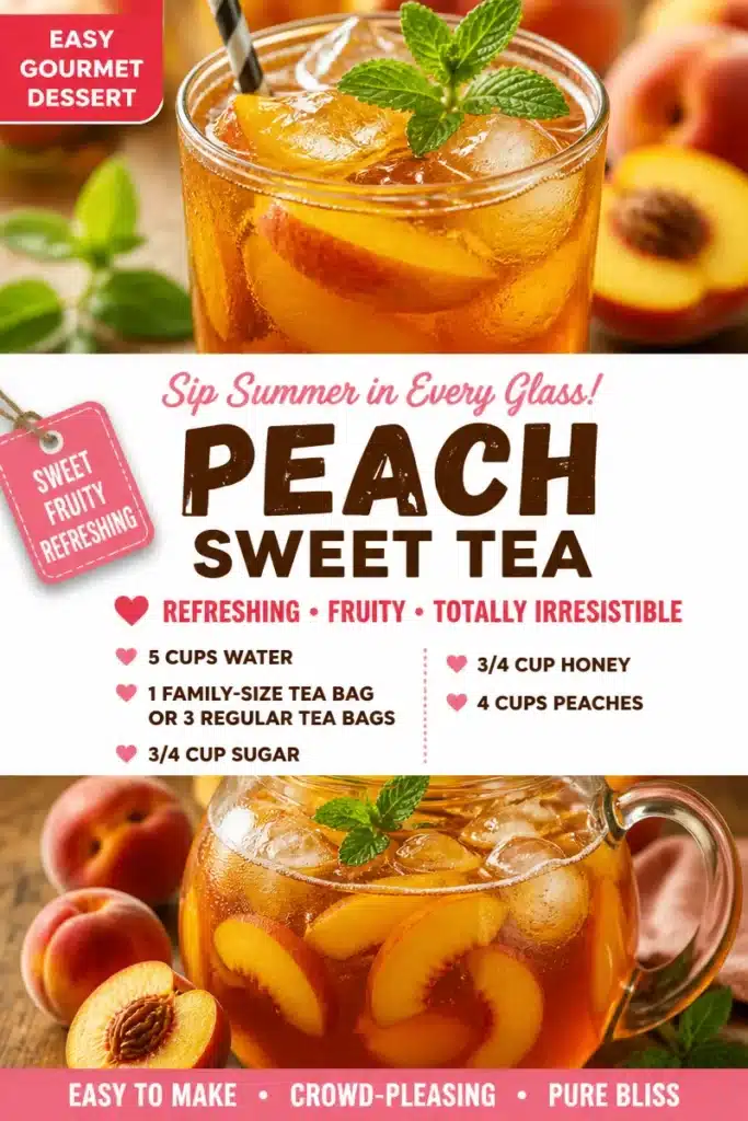 Glass of peach-infused iced tea with fresh peaches and mint leaves