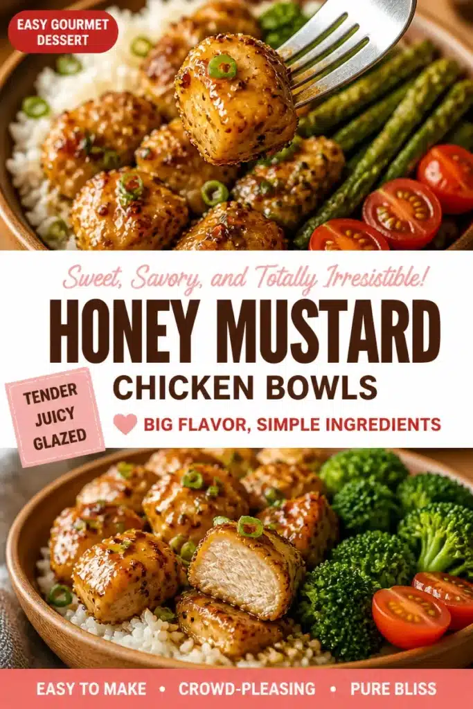 Delicious honey mustard chicken bowls with vibrant vegetables and rice